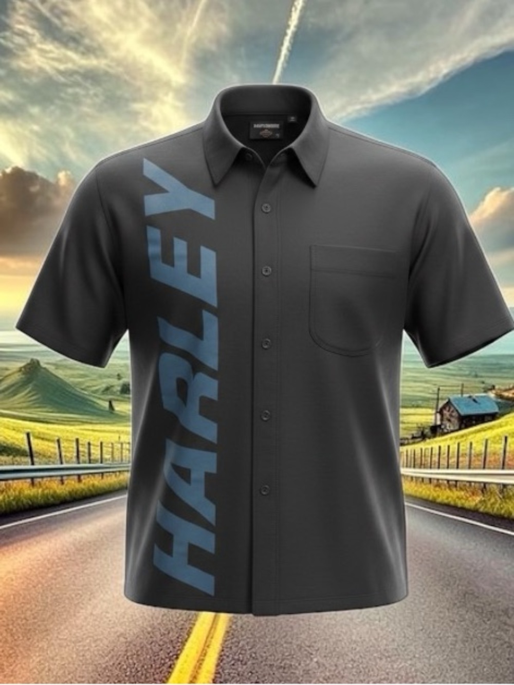 Harley-Davidson Men’s Black Short-Sleeve Button-Up Shirt with Blue Logo